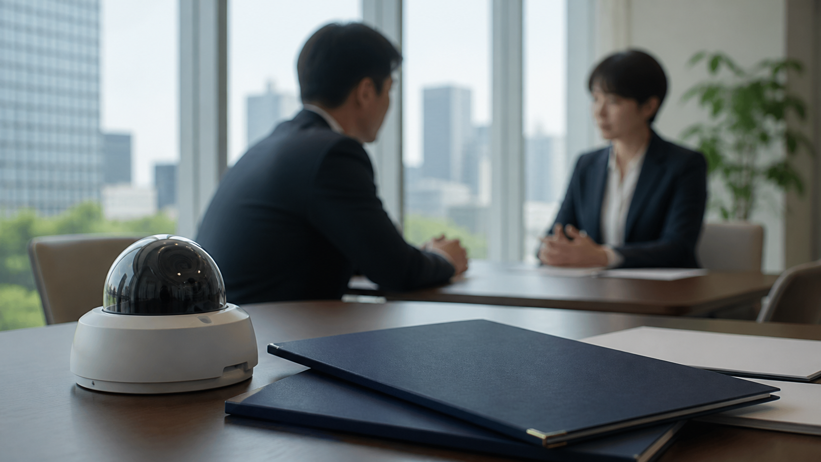 防犯カメラと資料を配置した、事業承継の相談を象徴するイメージ
