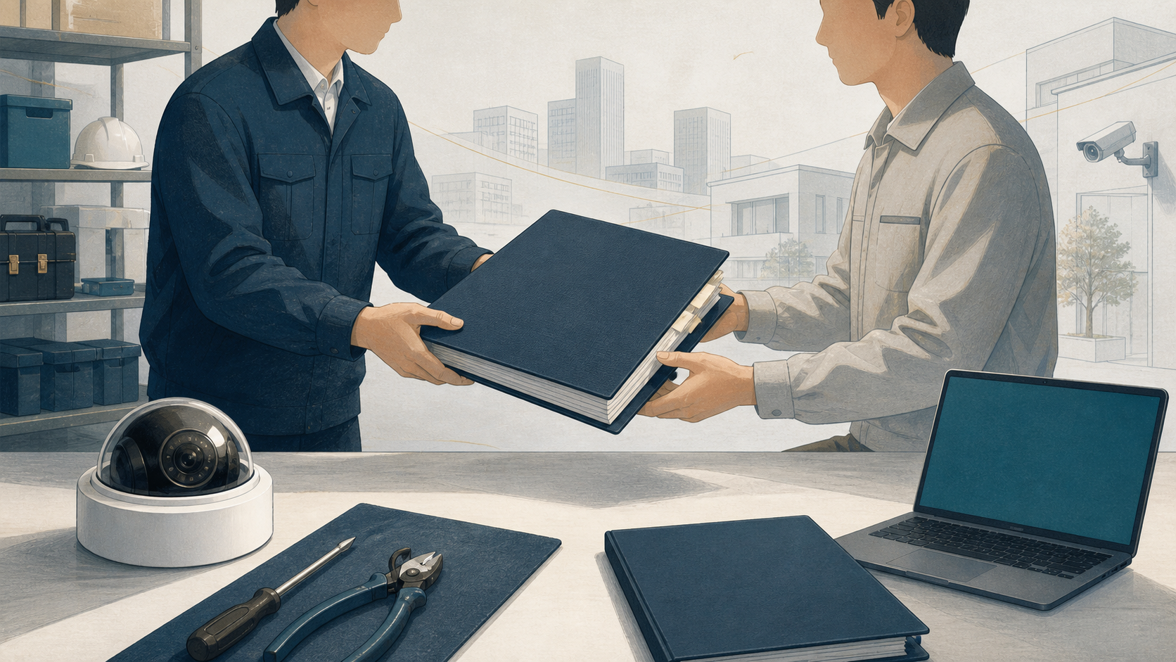 防犯カメラ事業の資料を技術者同士で引き継ぐ様子を描いたイラスト